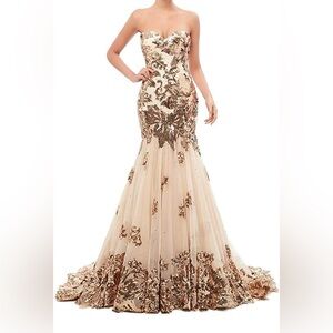 Strapless Cream and Gold Evening Gown